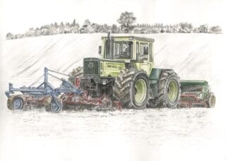 Kunstdruck MB trac 1600 Turbo mit Güttler Saatbeetkombination und Amazone Sämaschine