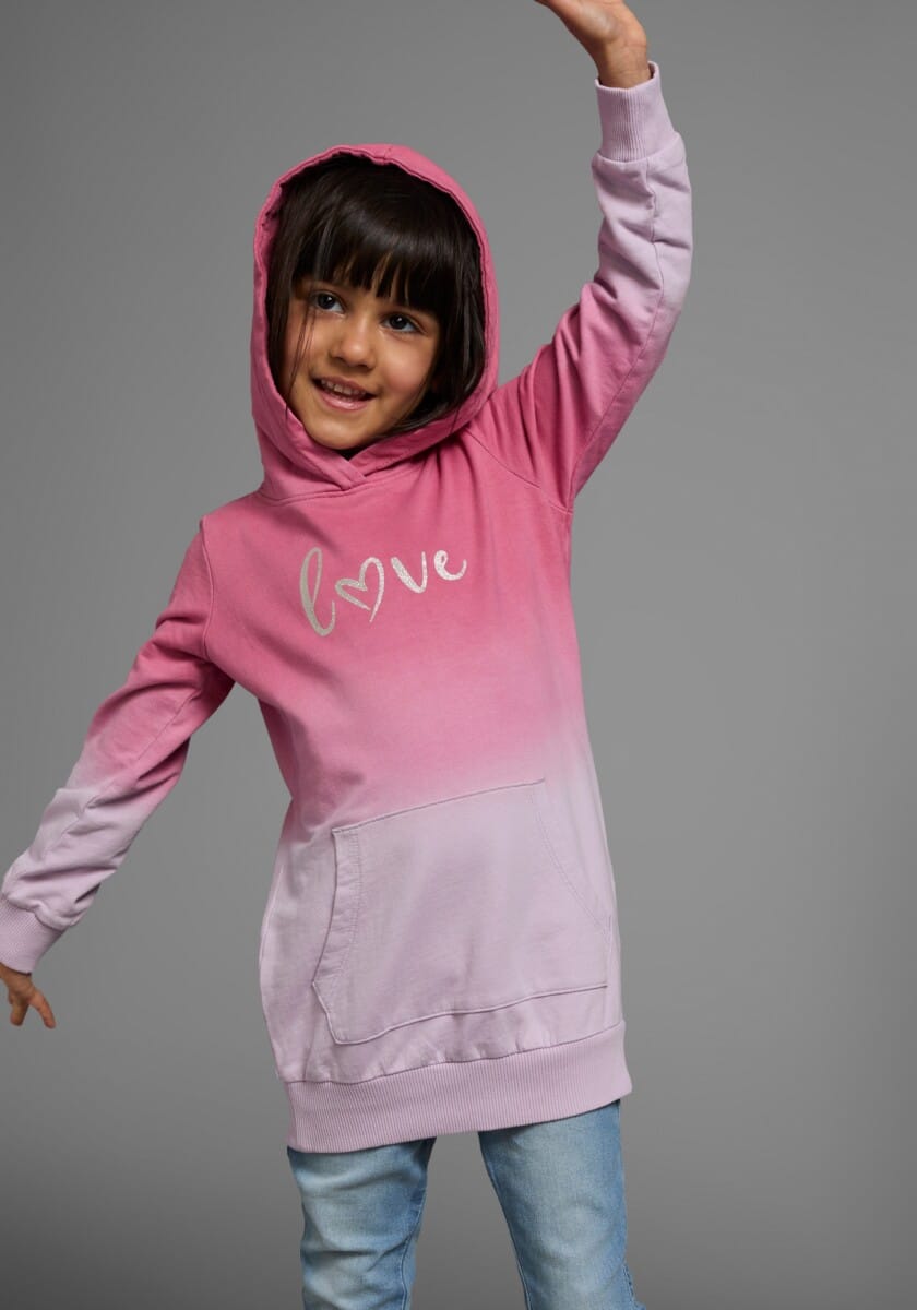 KIDSWORLD Kapuzensweatshirt ", Longsweatshirt mit LOVE print" Langarm, po-bedeckend, mit Glitzerdruck, aus Baumwolle