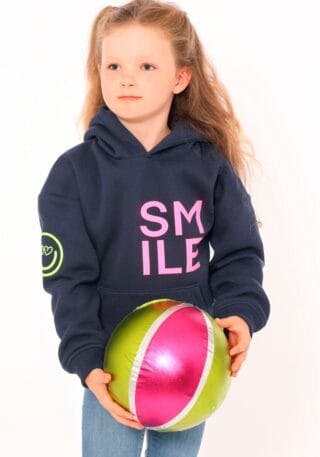 Zwillingsherz Hoodie ""Alissa-Kids"", mit "Smile"-Aufdruck in Neonfarben und gestickte Smiley