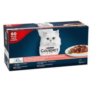 Mixpaket Gourmet Perle 60 x 85 g - Erlesene Streifen: Rind, Kaninchen, Lachs und Huhn