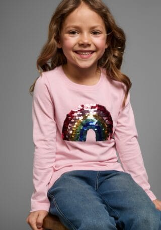 KIDSWORLD Langarmshirt "Regenbogen Pailletten-Applikation" Langarm, Basic-Passform, mit schimmernden Pailletten-Applikationen