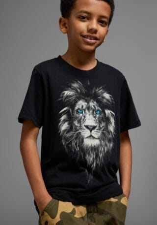 KIDSWORLD T-Shirt "Mit Löwenprint: LION WITH BLUE EYES" Kurzarm, Basic-Passform, mit trendigem Druck, Rundhalsausschnitt