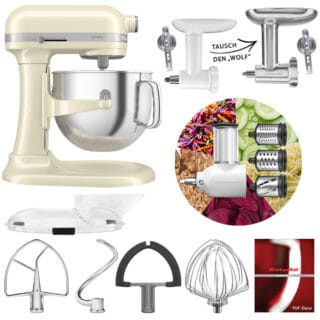 KitchenAid Artisan 6,6L 5KSM70SHX Fleischwolf Gemüse Set Creme/Mandel