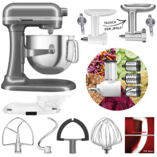KitchenAid Artisan 6,6L 5KSM70SHX Fleischwolf Gemüse Set Medallion Silber