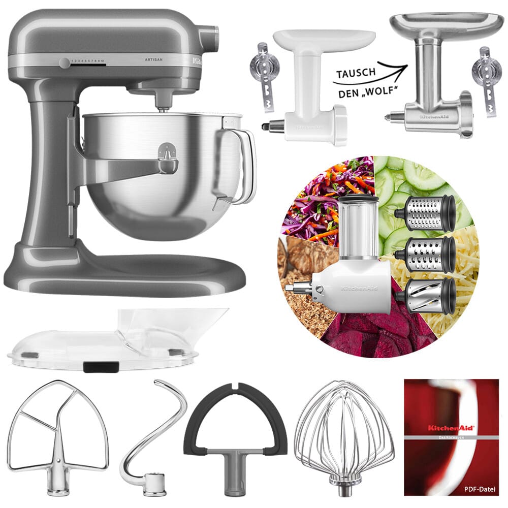 KitchenAid Artisan 6,6L 5KSM70SHX Fleischwolf Gemüse Set Medallion Silber