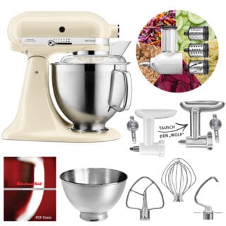 KitchenAid Küchenmaschine 5KSM185PS Fleischwolf Gemüse Set Creme/Mandel