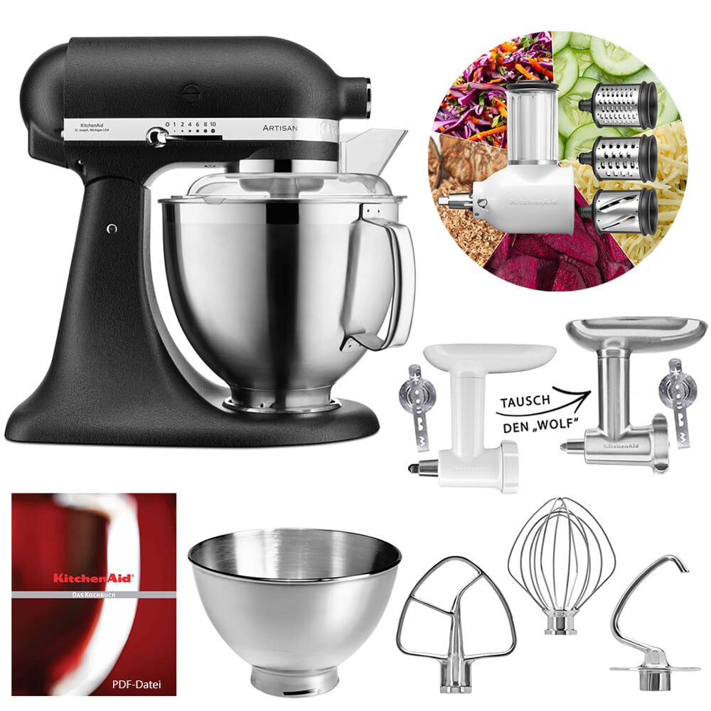 KitchenAid Küchenmaschine 5KSM185PS Fleischwolf Gemüse Set Gusseisen Schwarz