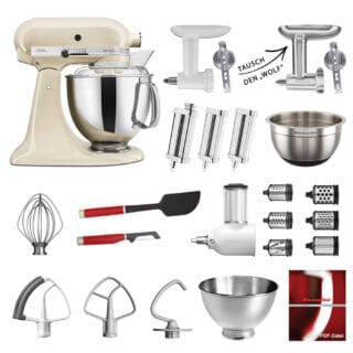 KitchenAid Küchenmaschine Artisan 5KSM175PS Mega-Paket Creme/Mandel