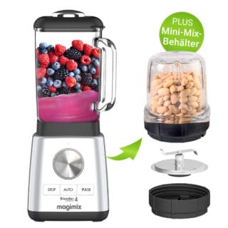 Magimix Power Blender 4 Standmixer Chrom Matt mit Mini-Mix-Behälter
