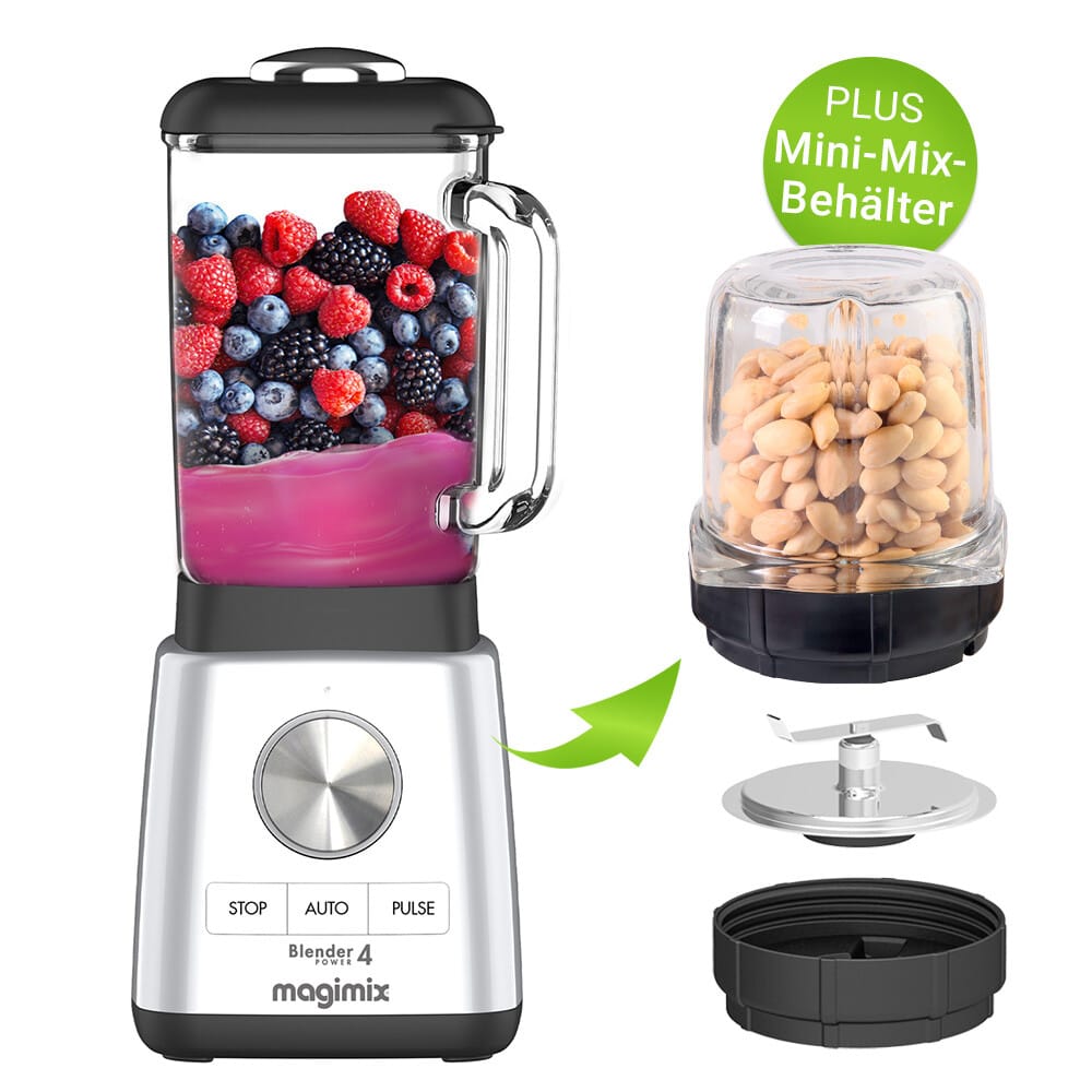 Magimix Power Blender 4 Standmixer Chrom Matt mit Mini-Mix-Behälter