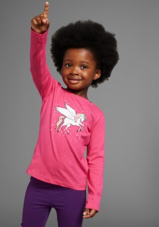 KIDSWORLD Langarmshirt "mit süßem Einhorn Druck" langärmlig, hüftlange Passform, stylischer Druck