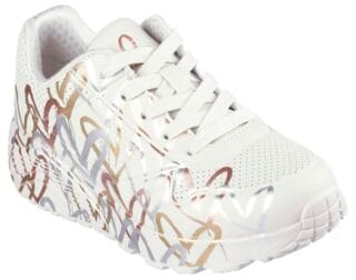Skechers Plateausneaker "Skechers x JGoldcrown: Uno Lite - Metallic Love", Schnürschuh, Keilsneaker mit Herzchen im Metallic Look bedruckt