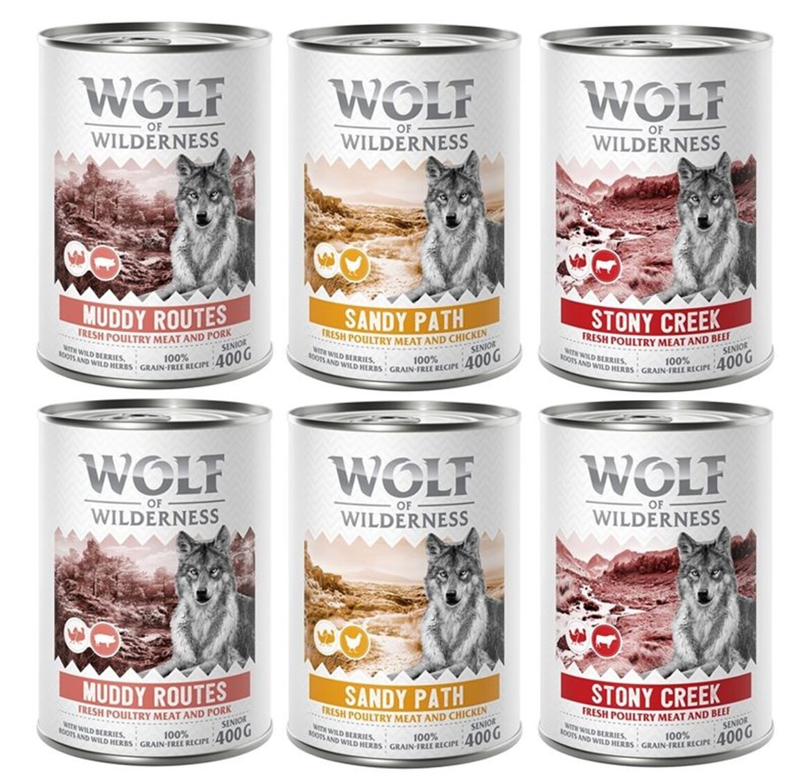 Wolf of Wilderness Senior - Mixpaket - 6 x 400 g 2x Geflügel & Rind, 2x Geflügel & Schwein, 2x Geflügel & Huhn