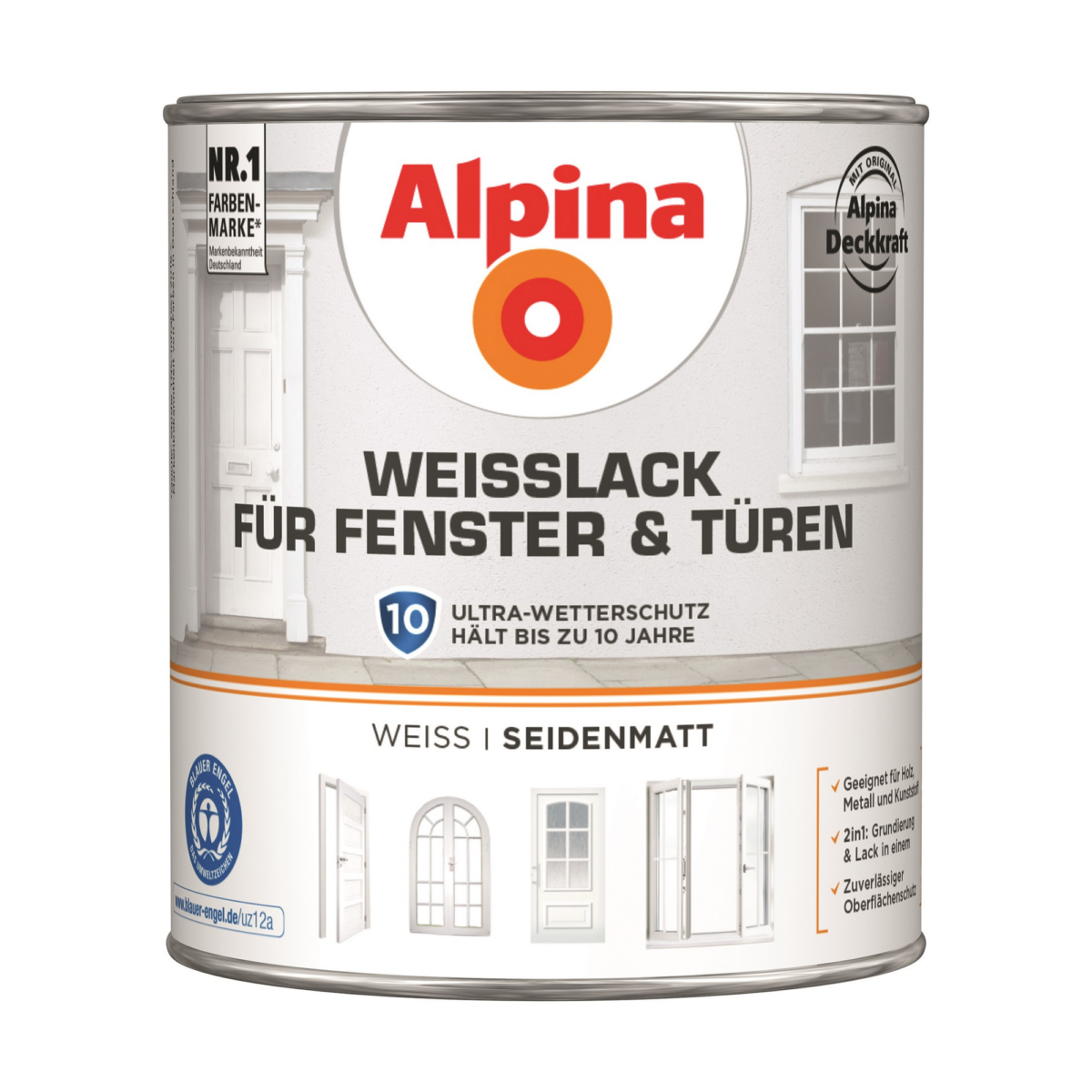 Alpina Weißlack für Fenster und Türen seidenmatt 2 l