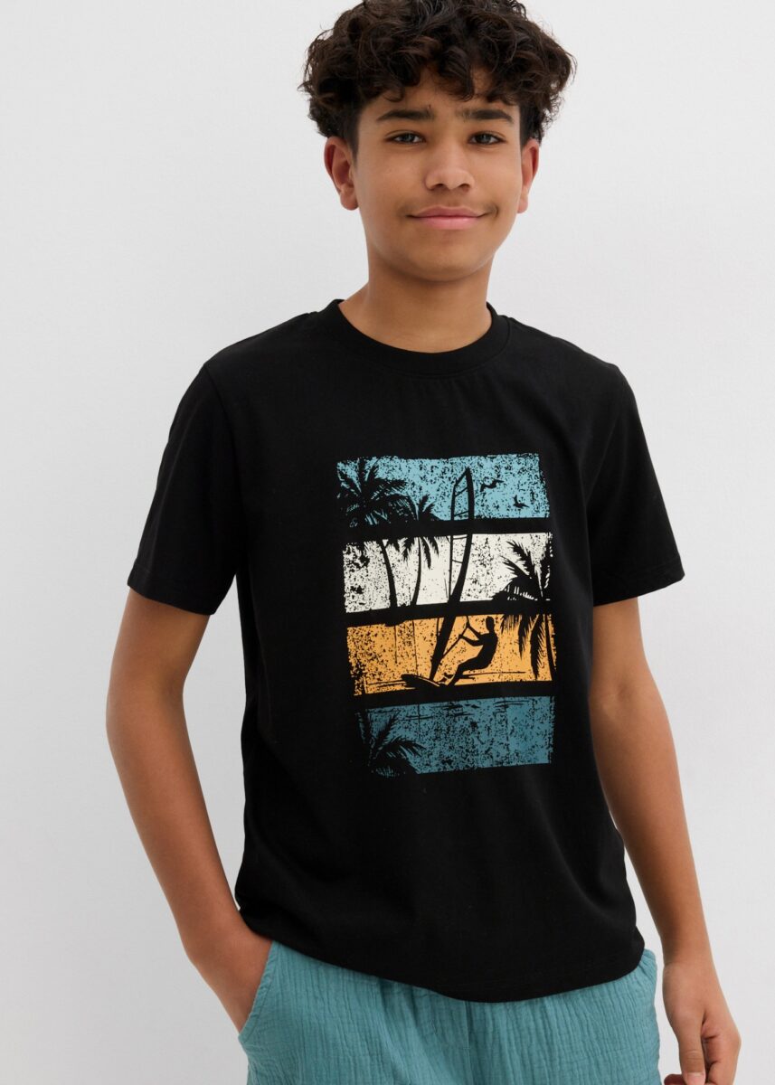 bonprix T-Shirt aus reiner Baumwolle, mit modischem Print, Kurzarm-Design, Regular Fit