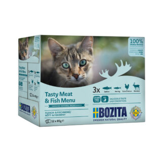 Bozita Häppchen In Soße im Mixpaket 12 x 85 g - Mixpaket Fleisch & Fisch Menü (4 Sorten)