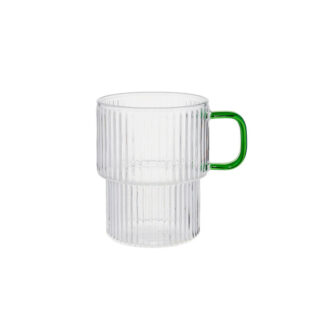 Geriffeltes Latte-Glas mit grünem Henkel, 300 ml – Transparent