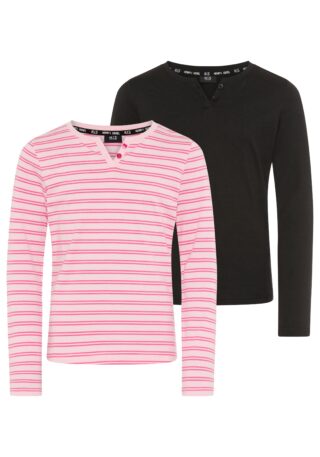 H.I.S Langarmshirt "2er Pack Shirts 1x uni + 1x geringelt, für Mädchen" Packung, 2, 2 tlg. für Mädchen, Langarm, mit Rundhalsausschnitt und Knopfleiste