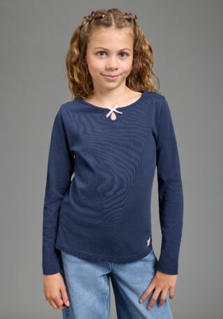 H.I.S Langarmshirt "H.I.S Shirt mit kleiner Deko-Schleife" Langarmshirt hüftlange Basic-Passform, Langarm, modischer Stil