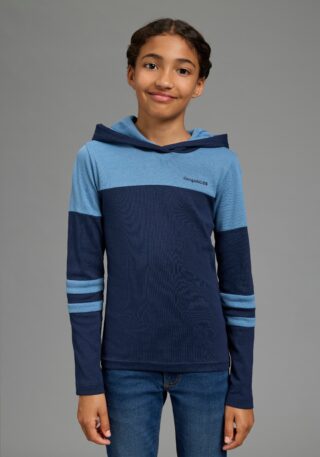 KangaROOS Langarmshirt "KangaROOS Kapuzenshirt in colorblocking Design" Colorblocking Shirt, eng anliegende Passform, Logo-Stickerei, Mini-Me