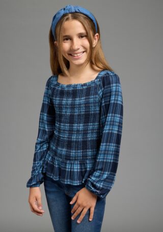 KangaROOS Langarmshirt "Kariertes KangaROOS Viskose-Shirt mit Smoke-Partie" Weiches Viskoseshirt mit Puffärmeln, kariert, gesmokter Rumpfabschluss