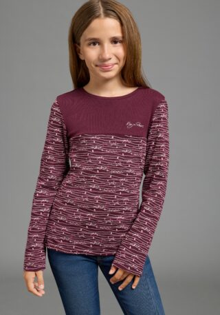 KangaROOS Langarmshirt "Shirt mit Allover-Druck und kontrasfarbigem Einsatz von KangaROOS" mit Langarm, hüftlang, eng anliegende Passform, aus Feinripp, Mini-Me