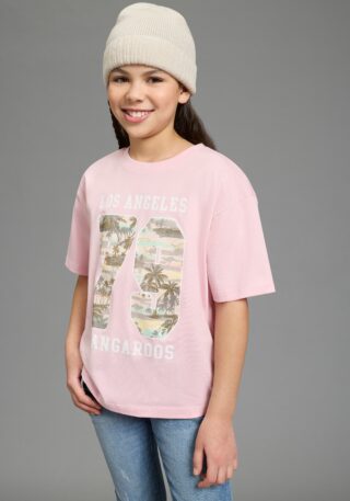 KangaROOS T-Shirt "Locker geschnittenes Shirt mit Palmenprint" lässige Passform, Kurzarm, bedruckt, aus Baumwolle