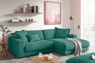 KAWOLA Sofa MADELINE Ecksofa mit Longchair Cord smaragd