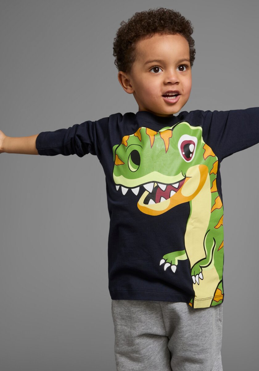 KIDSWORLD Langarmshirt "CURIOUS DINO" Langarm, Basic-Passform, peppiger Druck