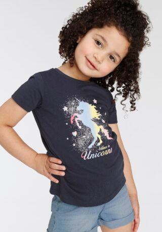 KIDSWORLD T-Shirt "believe in Unicorns" Kurzarm, hüftlange Passform, mit Glitzerdruck, Rundhalsausschnitt