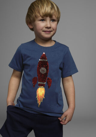KIDSWORLD T-Shirt "Mit Rakete aus Wendepailletten" Kurzarm, Basic-Passform, bedruckt, Rundhalsausschnitt