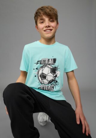 KIDSWORLD T-Shirt "Shirt mit Fußballmotiv: GOAL TIME" für Jungen, Kurzarm, Rundhalsausschnitt