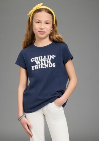 KIDSWORLD T-Shirt "T-Shirt Spruch: CHILLIN WITH FRIENDS" für Mädchen, Kurzarm, Rundhalsausschnitt, aus Baumwolle