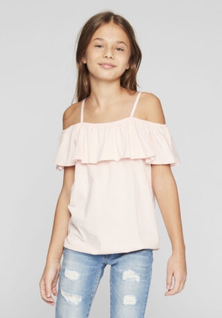 KIDSWORLD T-Shirt "Volant-Shirt" Kurzarm, weite Passform, Carmenausschnitt, aus Jerseystoff
