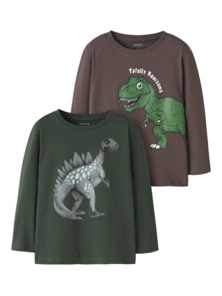 Name It Langarmshirt "NMMNEDIN 2P LS NREG TOP BOX PB" Packung, 2 Baumwolle, regular fit, Dino Druck