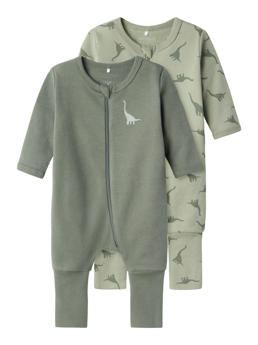 Name It Schlafanzug "NBMNIGHTSUIT 2P ZIP FF GREEN DINO" Packung, 2 tlg. aus Baumwolle, normale Passform, mit Reißverschluss und Kinnschutz