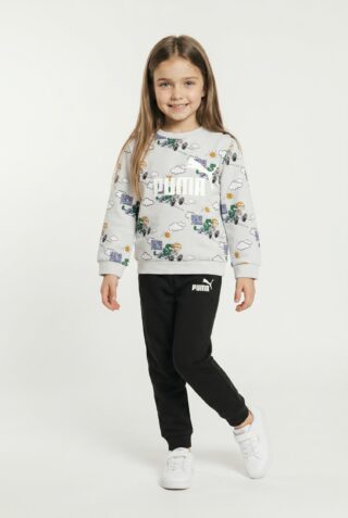 PUMA Trainingsanzug "MINICATS SUPER AOP CREW SET FL INF" mit Kapuze, Langarm-Oberteil, aus Fleece, Regular Fit