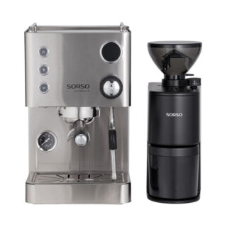 SORSO Espresso Siebträgermaschine – Edelstahl + SORSO Brew & Espresso Elektrische Kaffeemühle - Schwarz
