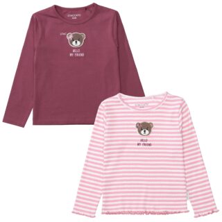 STACCATO Langarmshirt 2 2er Pack / gestreift-unifarben / Bärchen-Aufnäher / für Girls