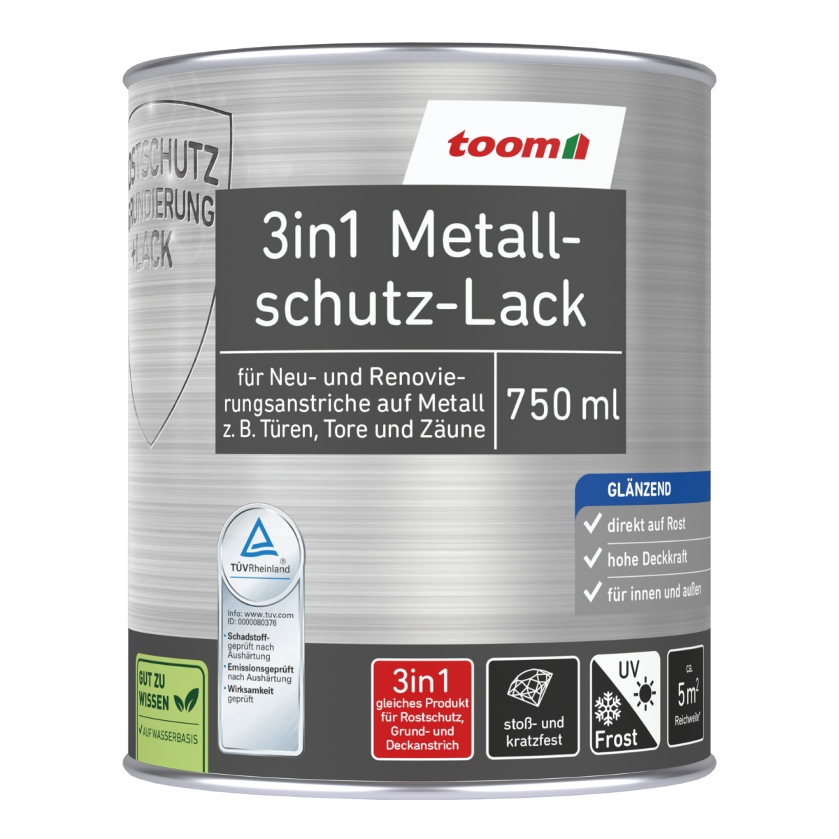 toom 3in1 Metallschutzlack hellgrau glänzend 750 ml