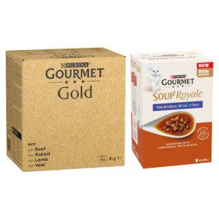 96 x 85 g Jumbopack Gourmet Gold + 48 x 45 g Soup Royale Fischauswahl gratis! - Feine Pastete: Rind, Kaninchen, Lamm, Kalbfleisch