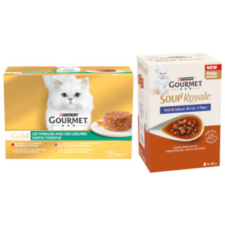 96 x 85 g Jumbopack Gourmet Gold + 48 x 45 g Soup Royale Fischauswahl gratis! - Raffiniertes Ragout: Rind, Huhn, Lamm, Truthahn mit Gemüse