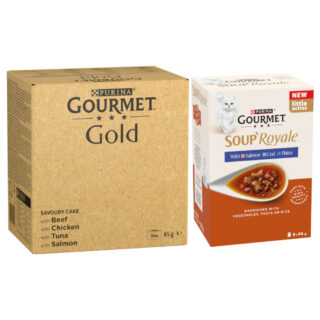 96 x 85 g Jumbopack Gourmet Gold + 48 x 45 g Soup Royale Fischauswahl gratis! - Raffiniertes Ragout: Rind, Huhn, Thunfisch, Lachs