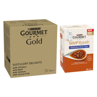 96 x 85 g Jumbopack Gourmet Gold + 48 x 45 g Soup Royale Fischauswahl gratis! - Saftig-Feine Streifen: Huhn, Meeresfisch, Rind, Lachs