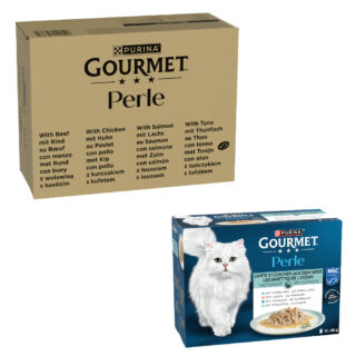96 x 85 g Jumbopack Gourmet Perle + 12 x 85 g Gemischte Auswahl gratis! - Rind, Huhn, Lachs, Thunfisch in Sauce