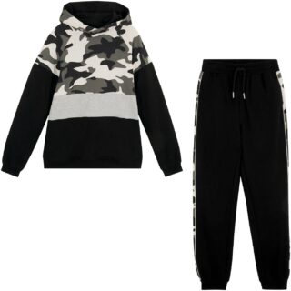 bonprix Langarmshirt & Hose "Sweatshirt & Jogginghose" Set, 2 mit Tarn-Print, Colorblocking-Einsätzen und mit bequemen Rippbündchen