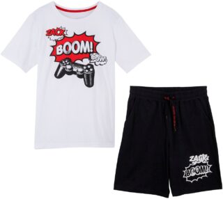 bonprix T-Shirt & Bermudas Set, 2 bequeme Passform, mit kurzem Ärmel, mit Gaming-Print, aus Baumwolle