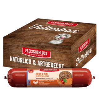 Fleischeslust Futterbox Senior Classic 6 x 800 g - Huhn & Rind mit Süßkartoffel, Hagebutte & Gingko