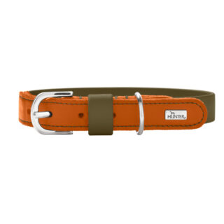 HUNTER Halsband Wolmar BioThane® x Leder, khaki/orange - Größe S-M: 50 cm lang, 24 mm breit