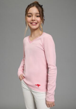 KangaROOS Langarmshirt "Kangaroos Shirt aus Rippware mit Spitzenkante" V-Ausschnitt mit Spitze, unifarben, mit Logostickerei